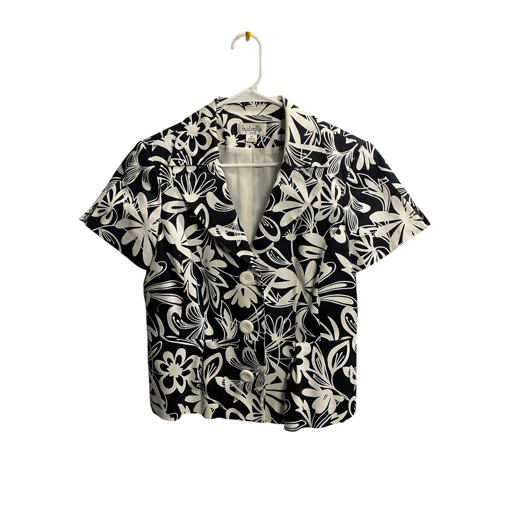 Isabella Suits Womens Black White Floral Short Sleeve Blazer Jacket Size 10